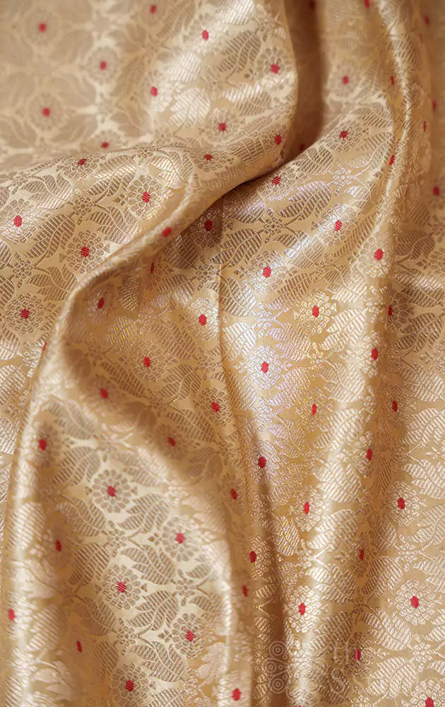 Gold colour banarasi silk blouse material with floral and meena zari brocade design