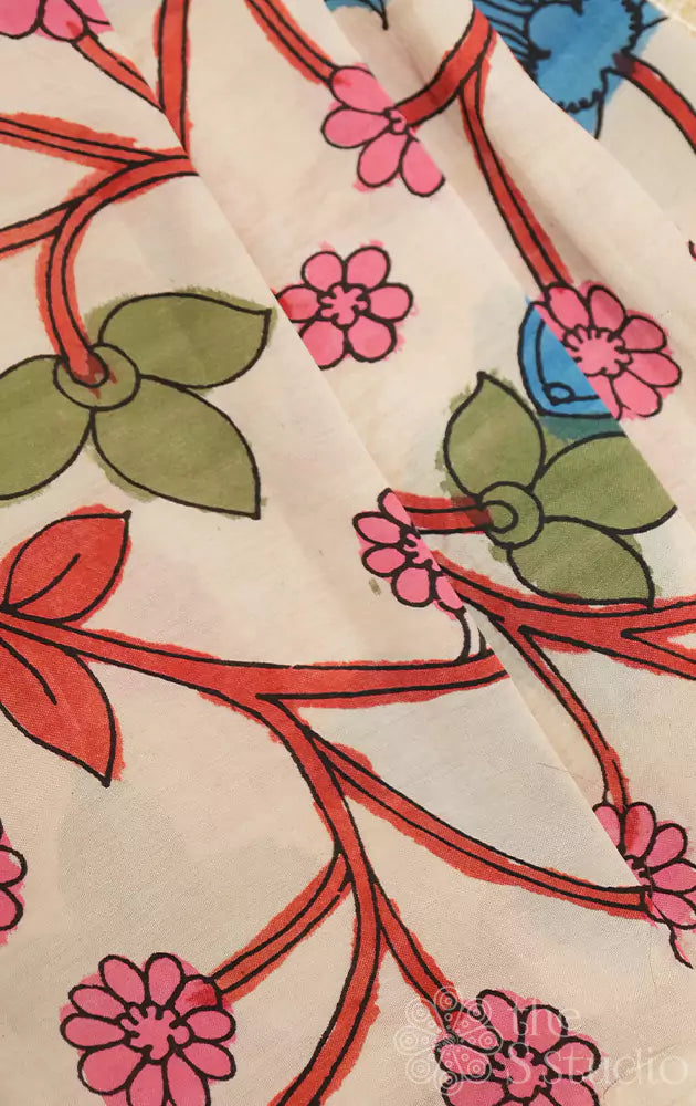 Off white handpainted pen kalamkari light weight silk material