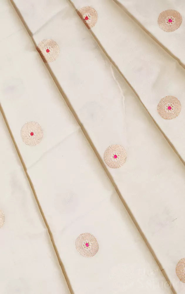 Off white banarasi silk blouse fabric with round buttas