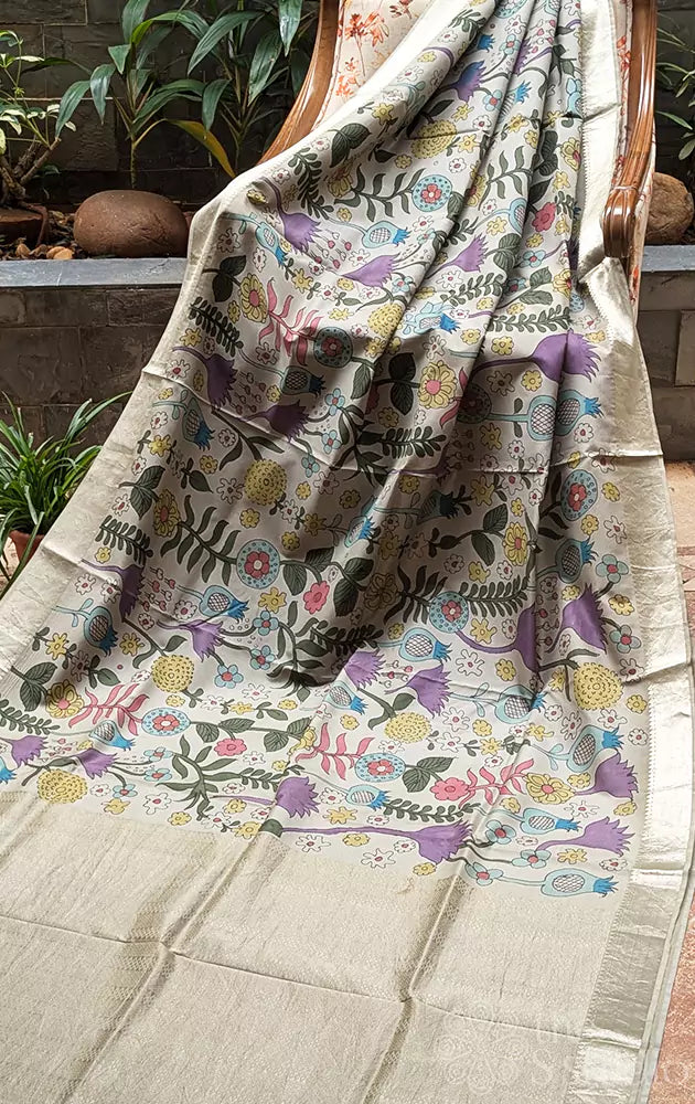 Grey soft silk saree with pen kalamkari saree