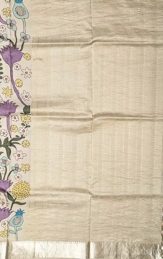 Grey soft silk saree with pen kalamkari saree