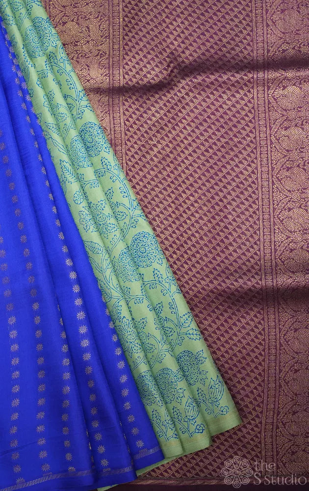 Elachi green and royal blue partly pallu kanchi silk saree with prints