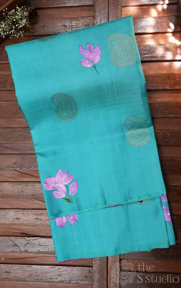 Aqua blue hand painted borderless kanchipuram silk saree