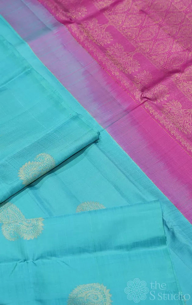 Aqua blue borderless kanchipuram silk saree with contrast pallu