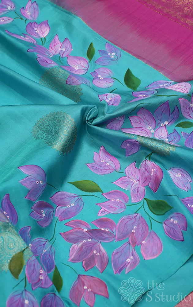 Aqua blue hand painted borderless kanchipuram silk saree