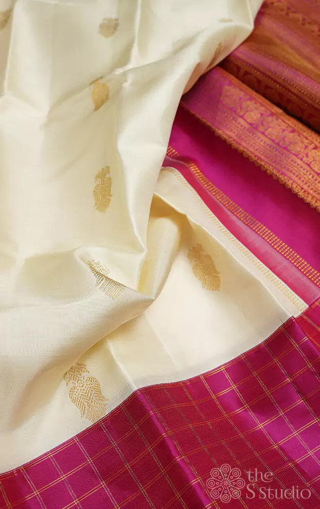 Off white with checked border korvai kanchipuram silk saree