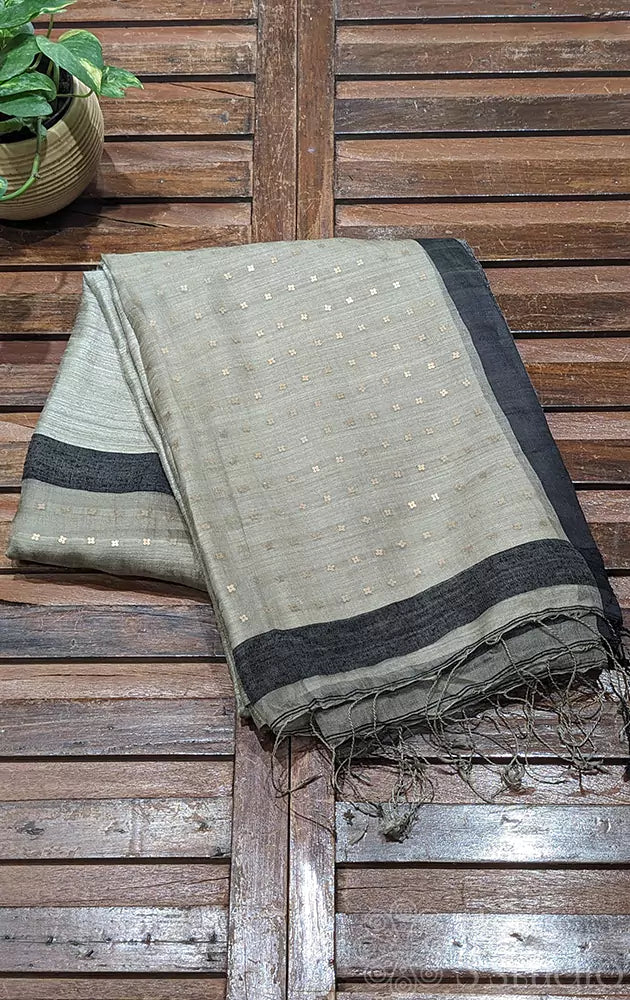 Silver grey matka silk saree with black small border