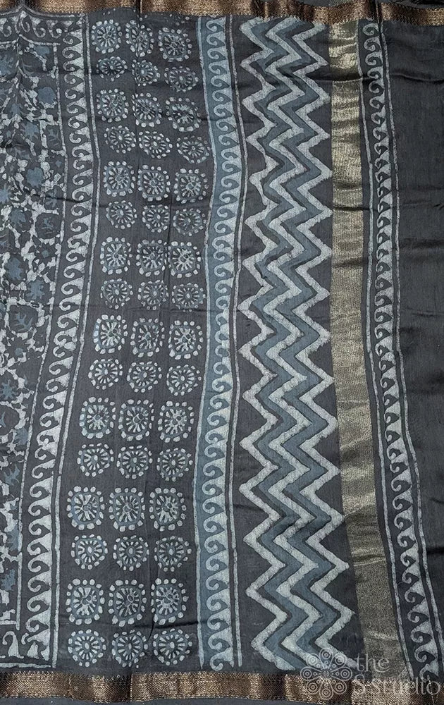 Grey chanderi cotton saree with batik prints