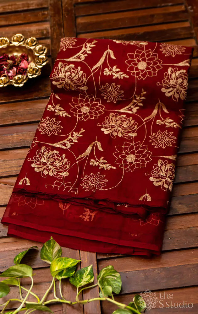 Maroon organza embroidered saree
