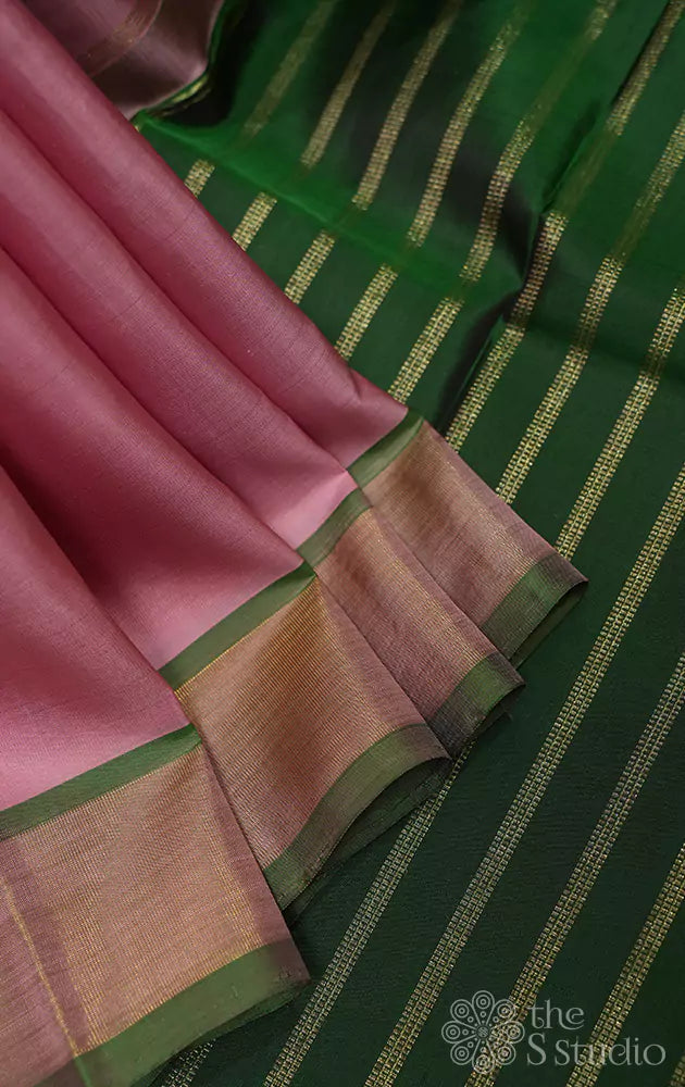 Dusty pink kanchi silk saree with green zari lines pallu