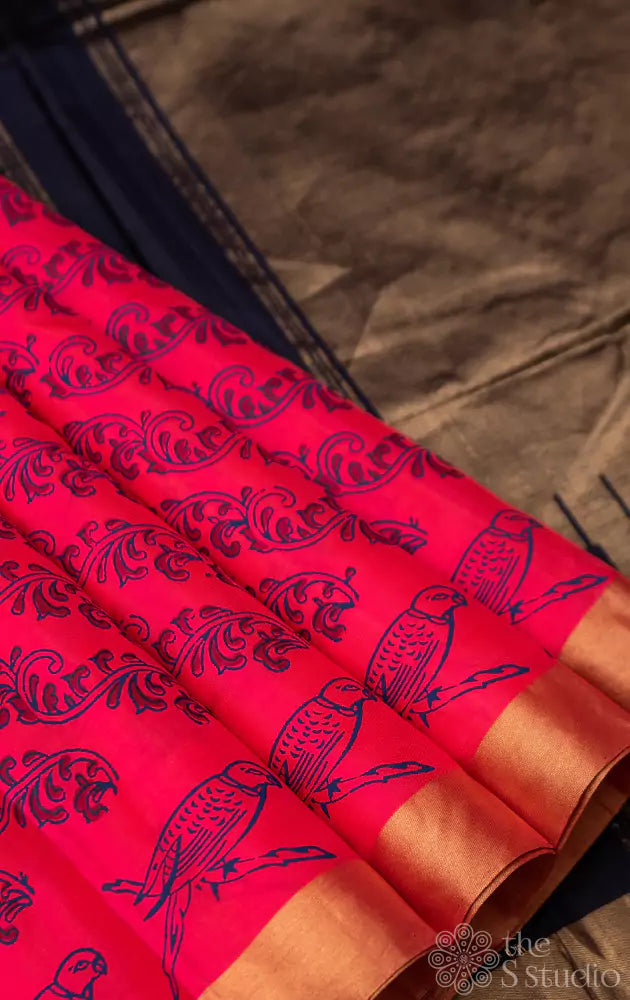 Rose soft silk saree with block prints and navy blue pallu