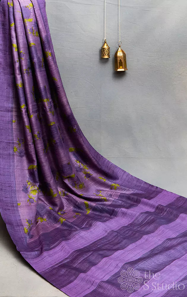 Lavender tussar silk saree with violet border