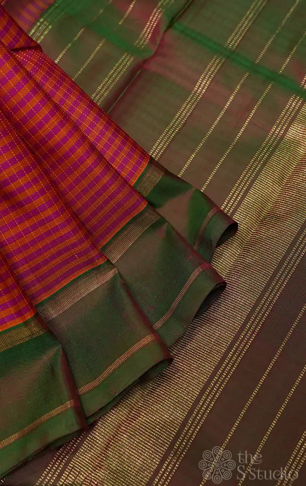 Peachish pink small checks kanchipuram silk saree