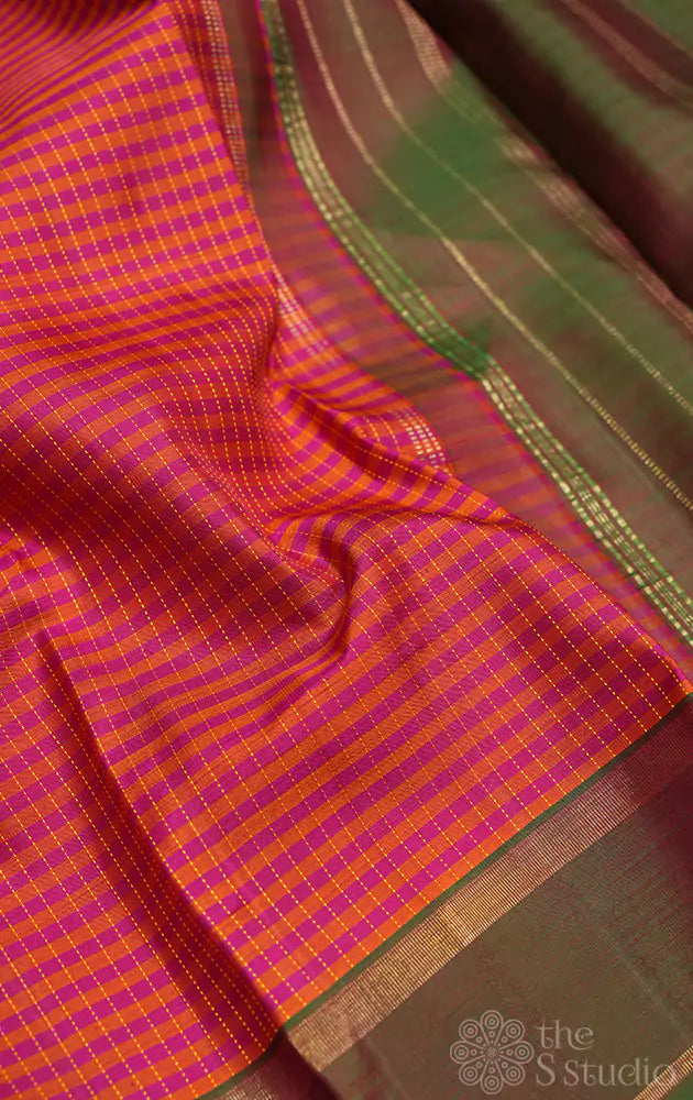Peachish pink small checks kanchipuram silk saree