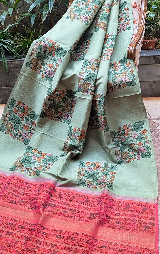 Elachi green kanchi designer kalamkari saree