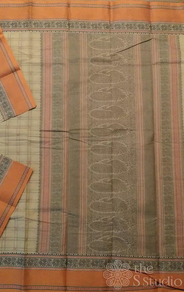 Off white checked kanchi cotton saree with orange border