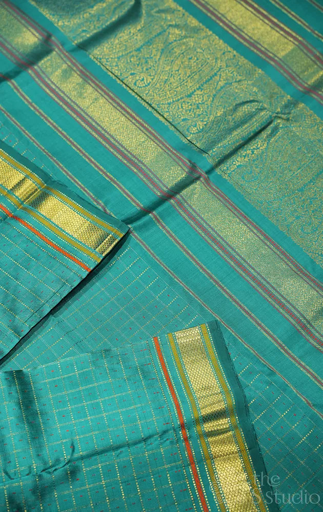 Sea green zari checked kanchi silk saree with small border