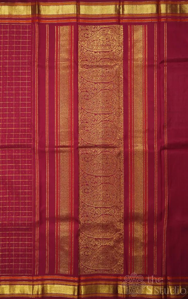 Red kanchipuram silk saree with zari checks