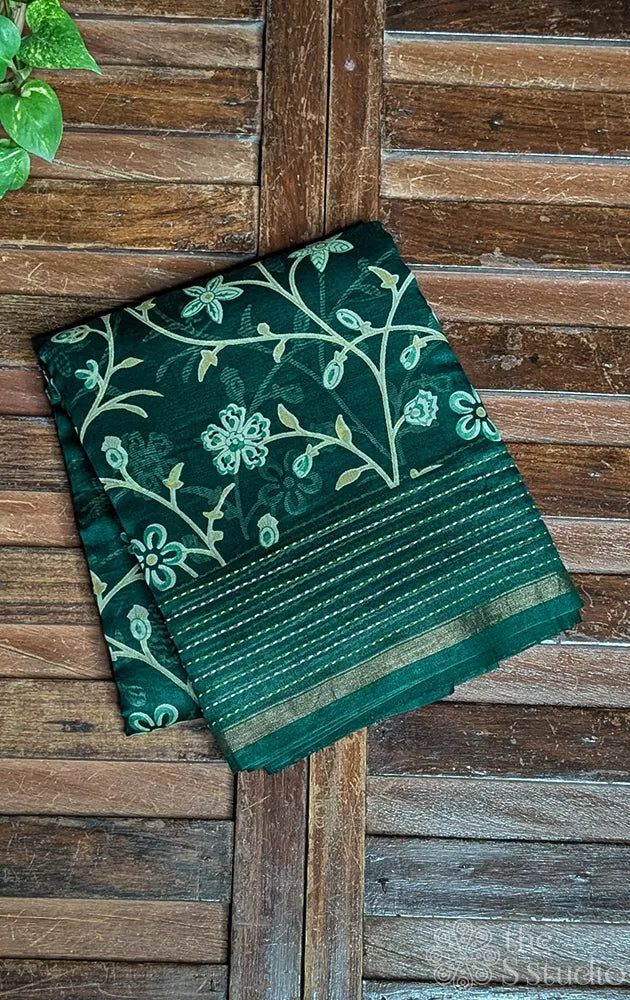 Green chanderi cotton saree with floral prints and kantha embroidery