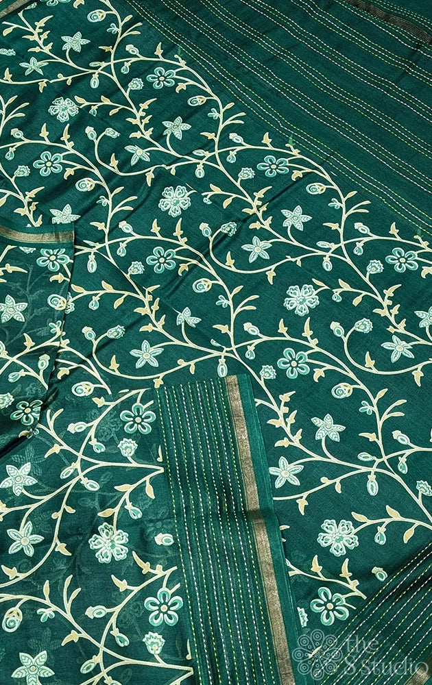 Green chanderi cotton saree with floral prints and kantha embroidery