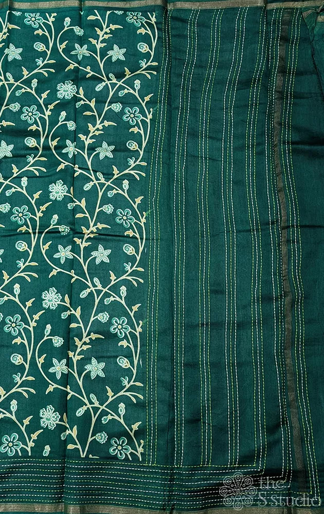Green chanderi cotton saree with floral prints and kantha embroidery