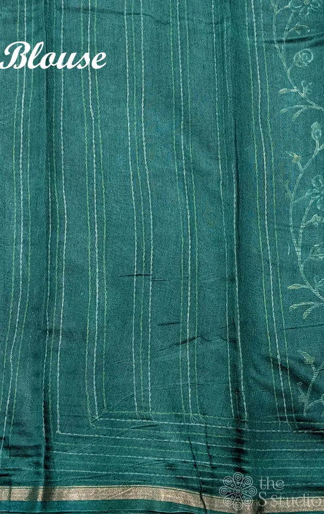 Green chanderi cotton saree with floral prints and kantha embroidery