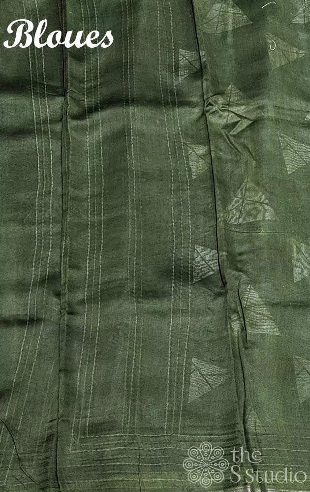 Green chanderi cotton saree with geometrical prints