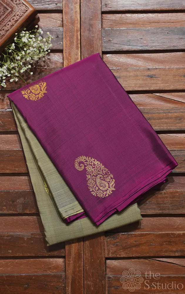 Grey and purple half and half kanjivaram silk saree with paisley motif