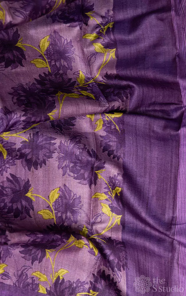 Light violet tussar silk saree with prints and dark violet border