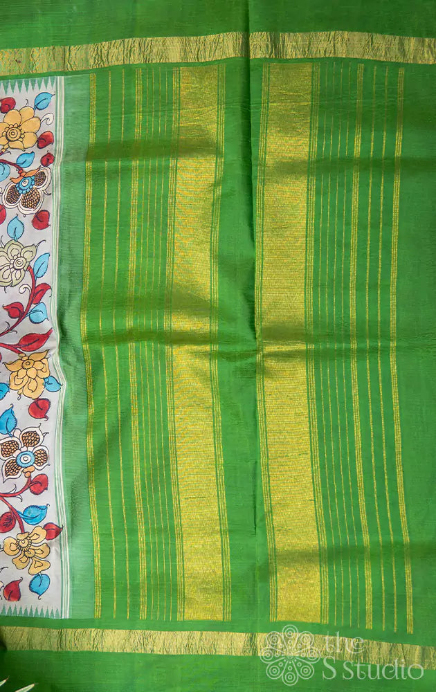 Grey pen kalamkari hand painted kanchipuram silk saree with parrot green border