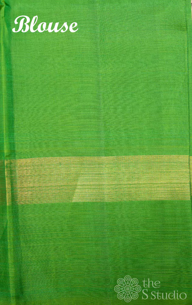Grey pen kalamkari hand painted kanchipuram silk saree with parrot green border