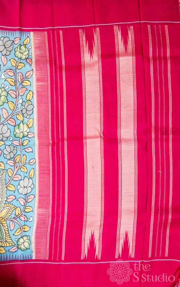 Light blue hand painted kanchi kalamkari saree with maroon border