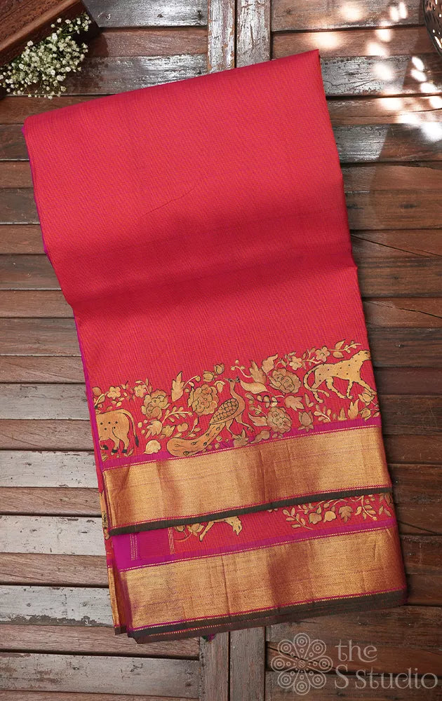 Peach kanchi silk saree with hand painting along the zari border
