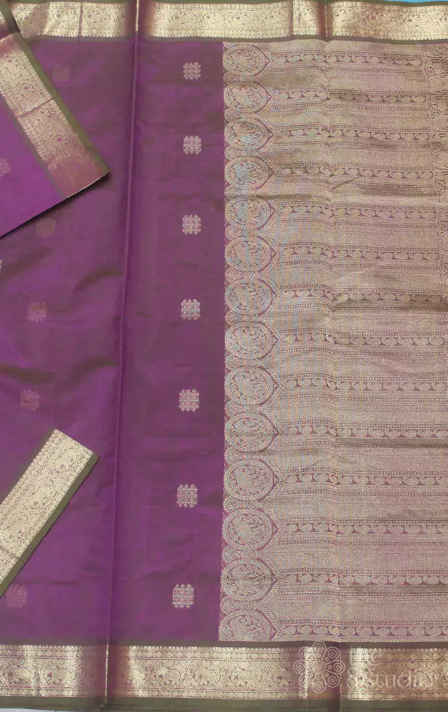 Greenish purple silk cotton saree with rich zari border