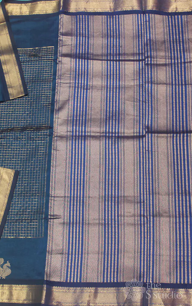 Peacock blue silk cotton saree with zari checks and peacock motifs