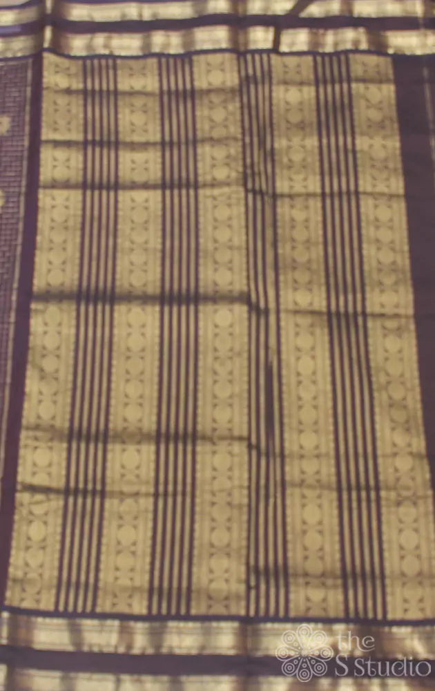 Brown silk cotton saree with zari checks and deer  motifs