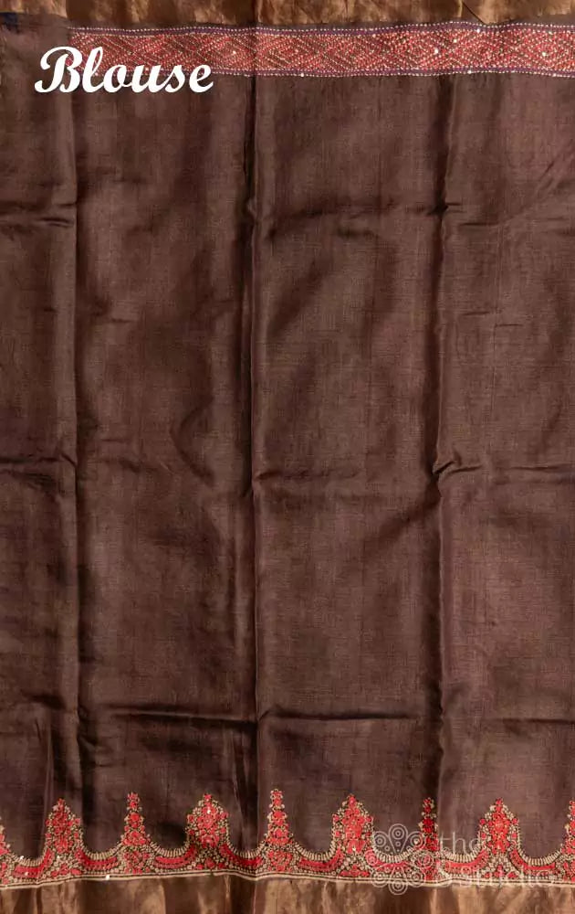 Brown printed tussar saree with hand embroidery