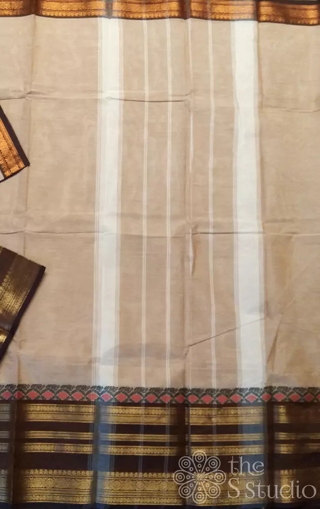 Light brown kanchi cotton saree with  brown long border
