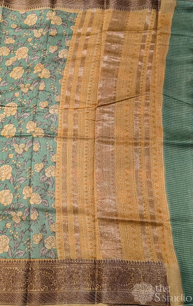 Pale green chanderi cotton saree with floral prints