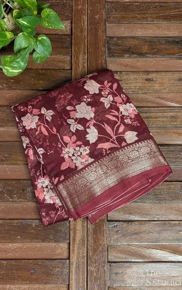 Maroon chanderi cotton saree with small antique zari border