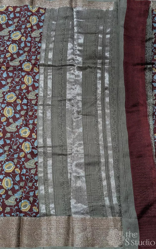 Brown chanderi cotton saree with floral prints