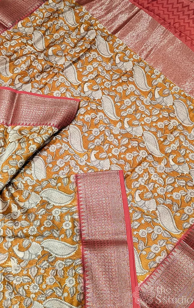 Mustard chanderi cotton saree with antique zari border