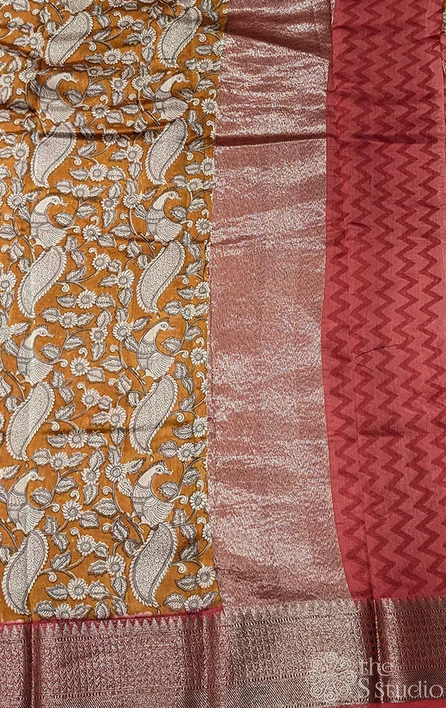 Mustard chanderi cotton saree with antique zari border