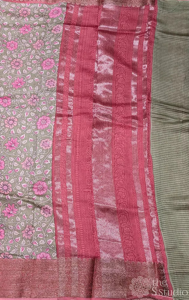 Green chanderi cotton saree with floral prints