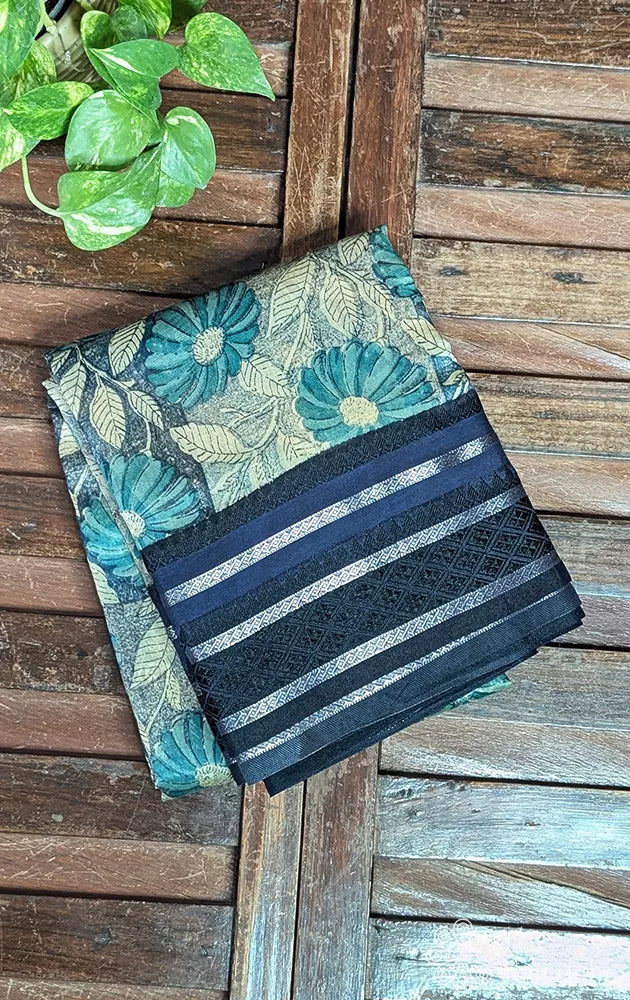 Grey and blue chanderi cotton saree with blue border