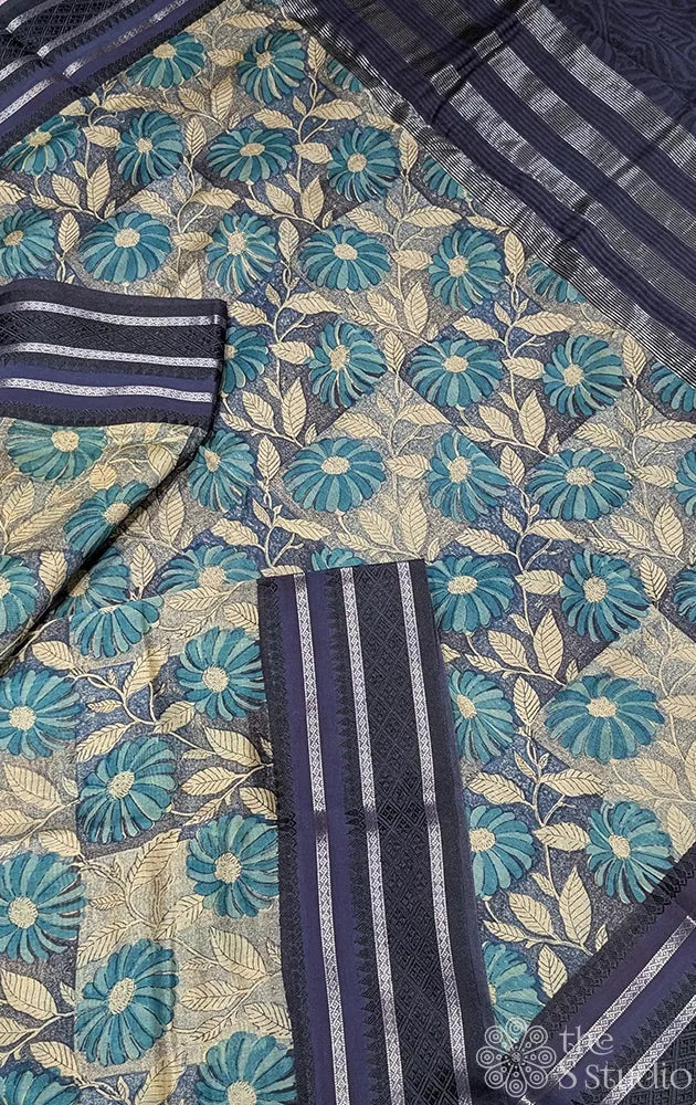 Grey and blue chanderi cotton saree with blue border