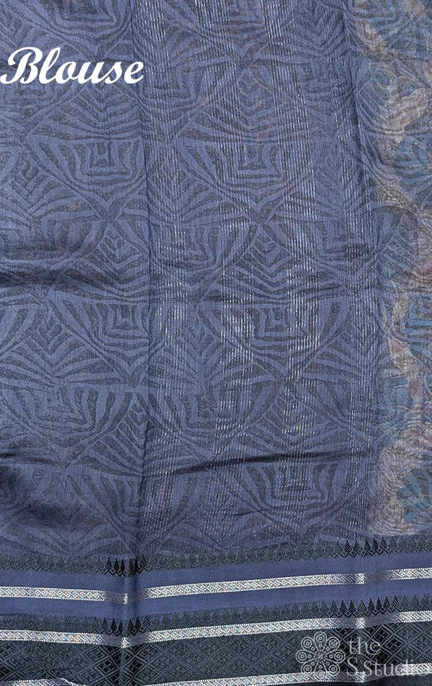 Grey and blue chanderi cotton saree with blue border