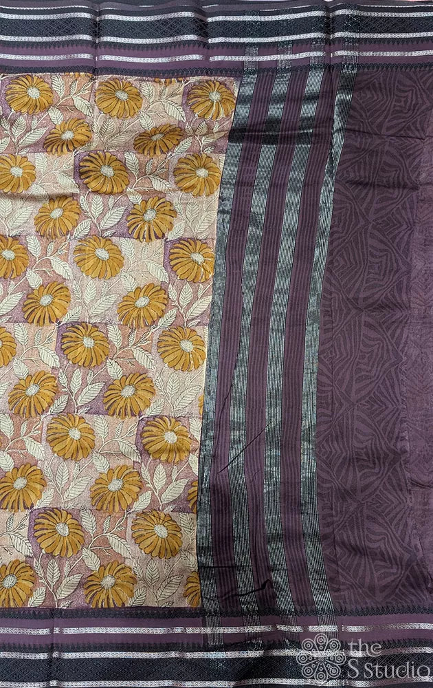 Brown and purple chanderi cotton saree with floral prints