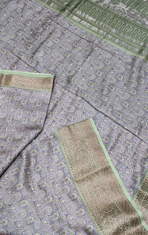 Grey and lavender chanderi cotton saree with paisely prints