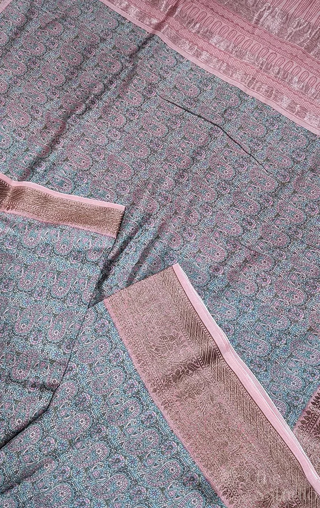 Grey and pink chanderi cotton saree with antique border